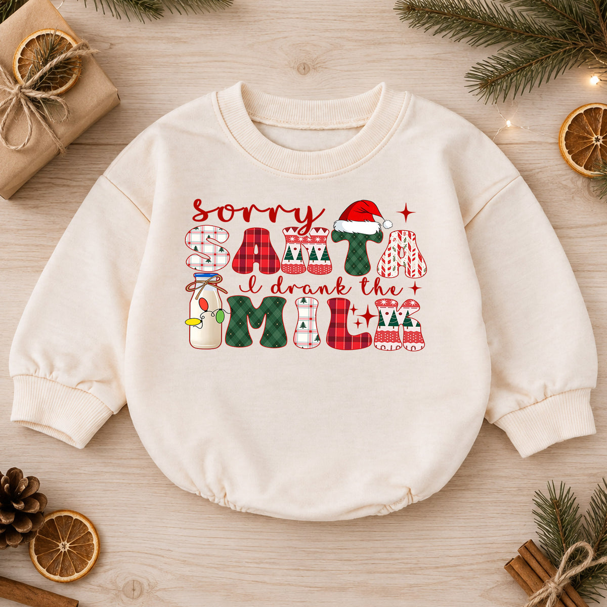 Funny Christmas Baby Romper, Sorry Santa I Drank the Milk Outfit, Retro Holiday Romper, Cute Toddler 1st Christmas Gift — product view 1