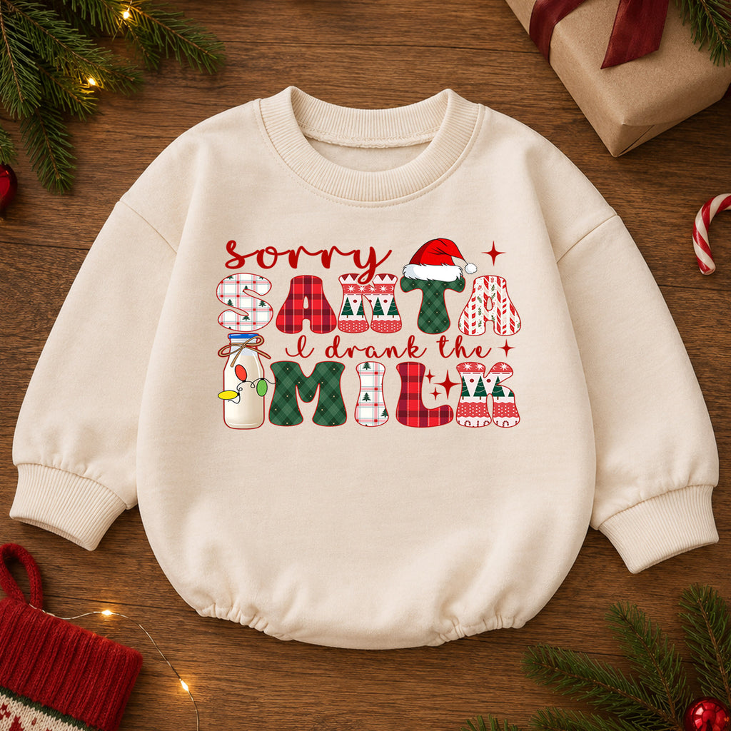 Funny Christmas Baby Romper, Sorry Santa I Drank the Milk Outfit, Retro Holiday Romper, Cute Toddler 1st Christmas Gift — product view 2