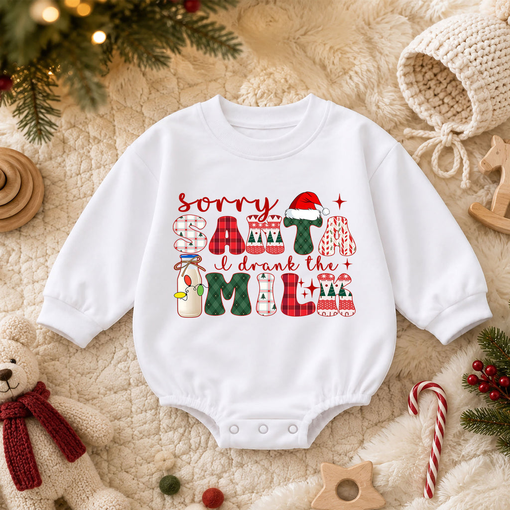 Funny Christmas Baby Romper, Sorry Santa I Drank the Milk Outfit, Retro Holiday Romper, Cute Toddler 1st Christmas Gift — product view 3
