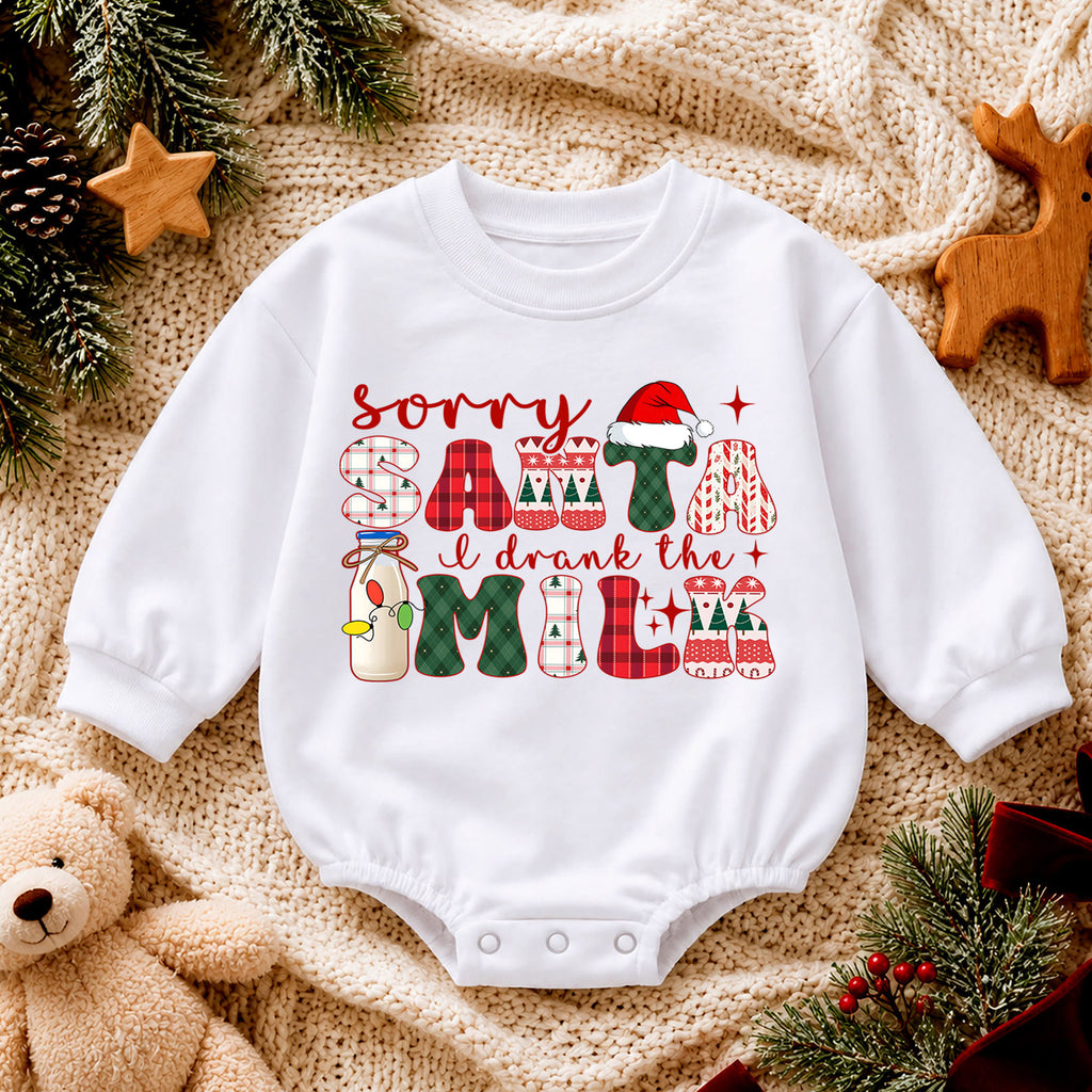 Funny Christmas Baby Romper, Sorry Santa I Drank the Milk Outfit, Retro Holiday Romper, Cute Toddler 1st Christmas Gift — product view 4