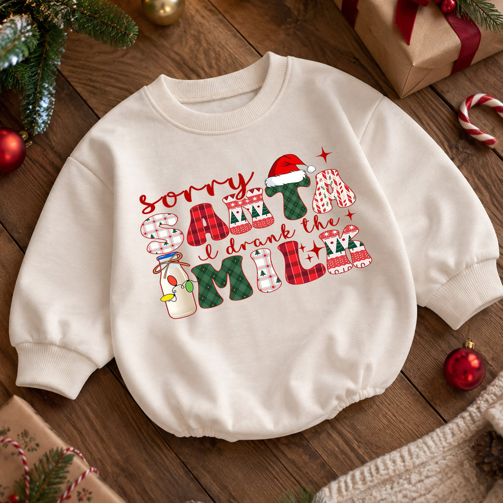Funny Christmas Baby Romper, Sorry Santa I Drank the Milk Outfit, Retro Holiday Romper, Cute Toddler 1st Christmas Gift — product view 5