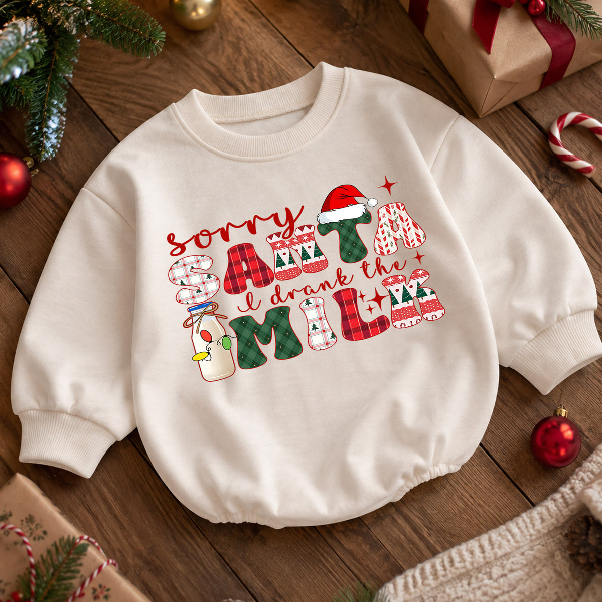 Funny Christmas Baby Romper, Sorry Santa I Drank the Milk Outfit, Retro Holiday Romper, Cute Toddler 1st Christmas Gift — product view 5