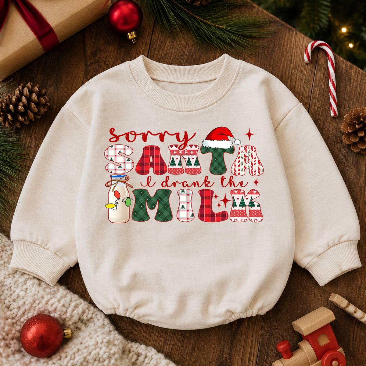 Funny Christmas Baby Romper, Sorry Santa I Drank the Milk Outfit, Retro Holiday Romper, Cute Toddler 1st Christmas Gift — product view 6