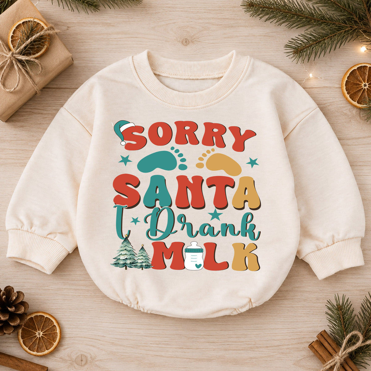 Retro Christmas Baby Romper, Sorry Santa I Drank the Milk Outfit, Plaid Holiday Romper, Cute Toddler 1st Christmas Gift — product view 1