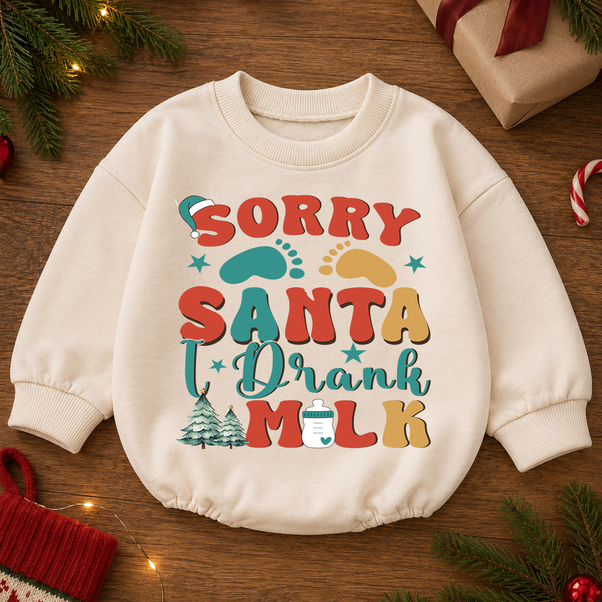 Retro Christmas Baby Romper, Sorry Santa I Drank the Milk Outfit, Plaid Holiday Romper, Cute Toddler 1st Christmas Gift — product view 2