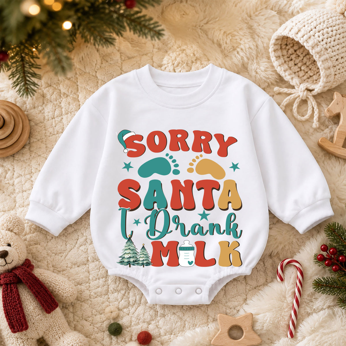 Retro Christmas Baby Romper, Sorry Santa I Drank the Milk Outfit, Plaid Holiday Romper, Cute Toddler 1st Christmas Gift — product view 3