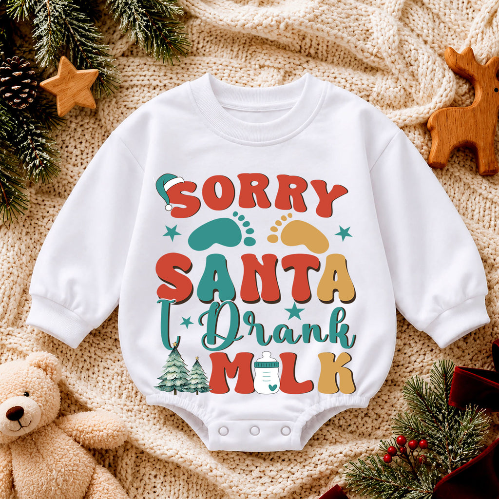 Retro Christmas Baby Romper, Sorry Santa I Drank the Milk Outfit, Plaid Holiday Romper, Cute Toddler 1st Christmas Gift — product view 4