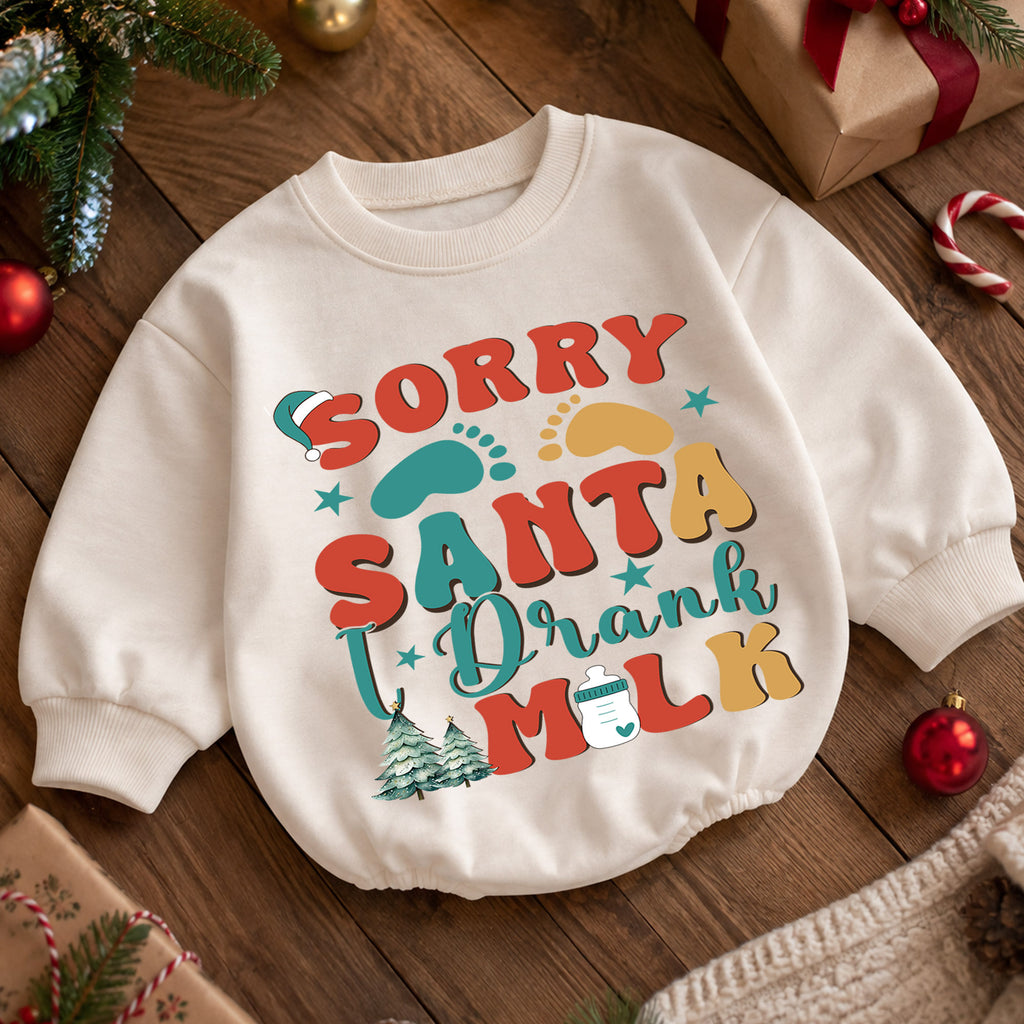 Retro Christmas Baby Romper, Sorry Santa I Drank the Milk Outfit, Plaid Holiday Romper, Cute Toddler 1st Christmas Gift — product view 5