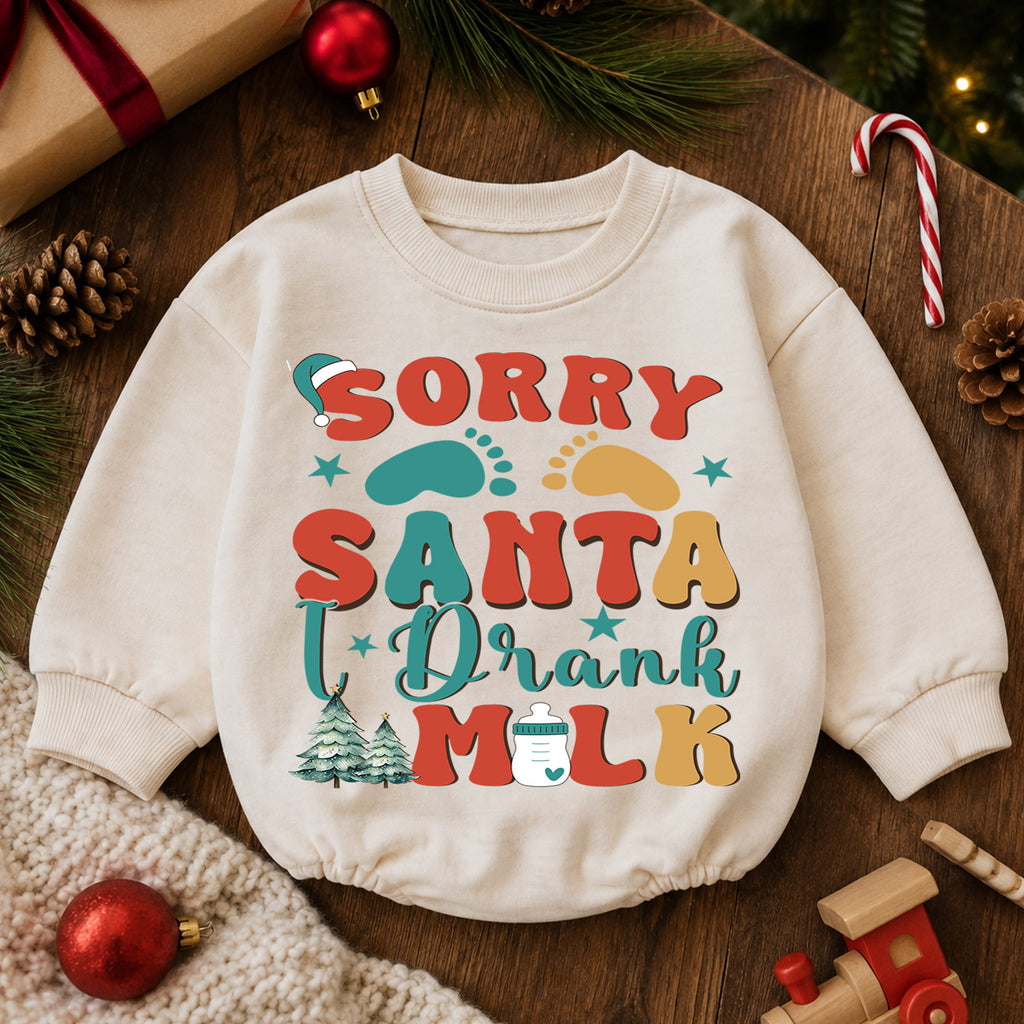 Retro Christmas Baby Romper, Sorry Santa I Drank the Milk Outfit, Plaid Holiday Romper, Cute Toddler 1st Christmas Gift — product view 6