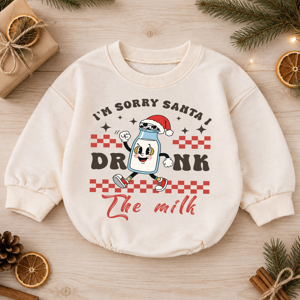 Sorry Santa I Drank the Milk Baby Christmas Romper, Funny Milk Baby Holiday Romper, Toddler Christmas Outfit Xmas Gift — product view 1