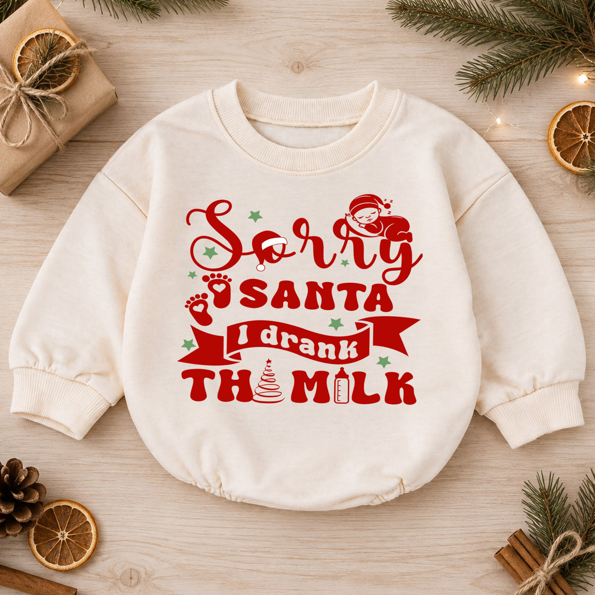 Funny Santa Baby Romper, Sorry Santa I Drank the Milk Christmas Outfit, Holiday Quote Romper, Toddler 1st Christmas Gift — product view 1