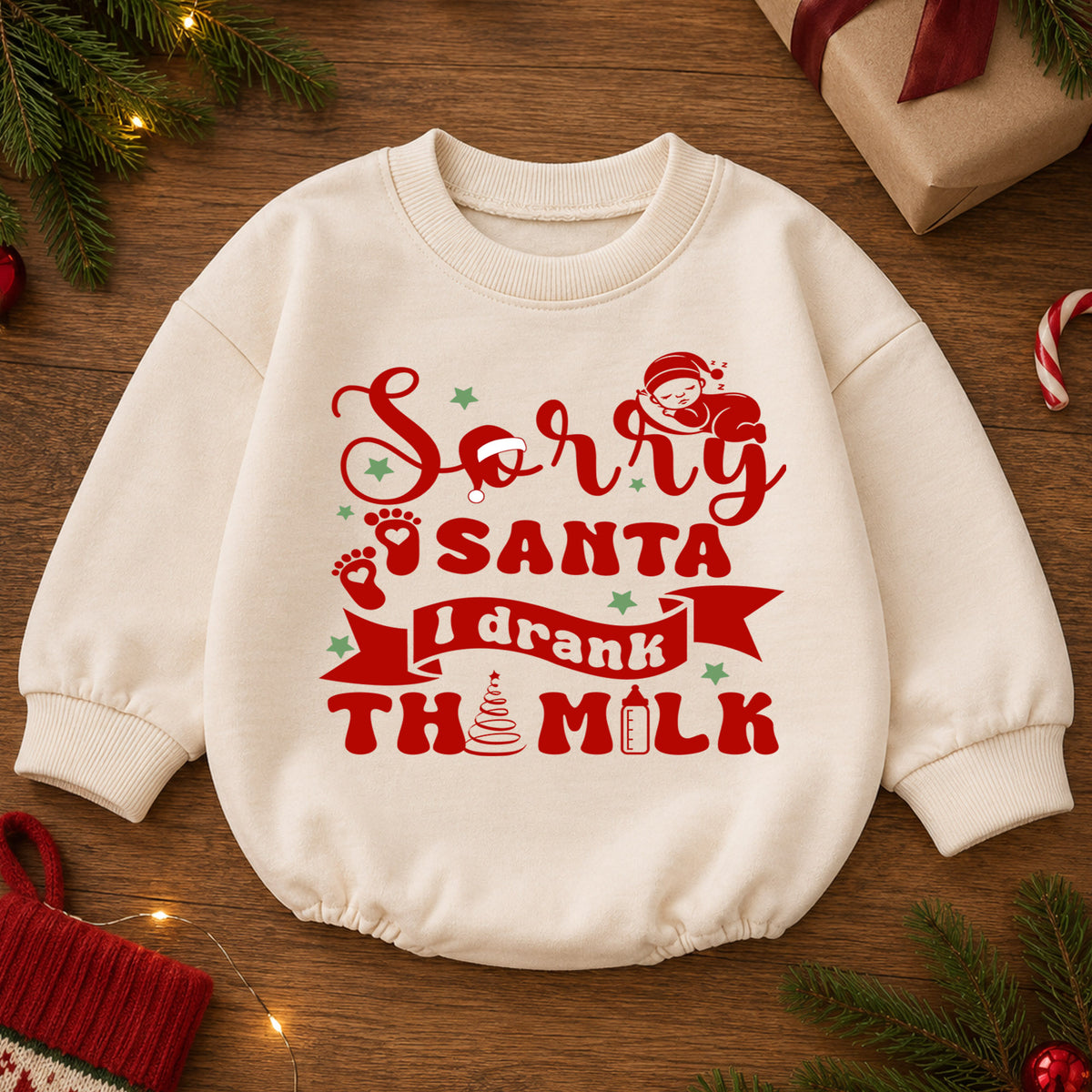 Funny Santa Baby Romper, Sorry Santa I Drank the Milk Christmas Outfit, Holiday Quote Romper, Toddler 1st Christmas Gift — product view 2