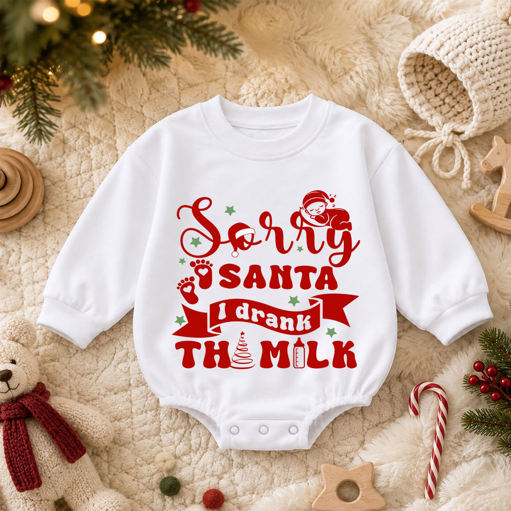 Funny Santa Baby Romper, Sorry Santa I Drank the Milk Christmas Outfit, Holiday Quote Romper, Toddler 1st Christmas Gift — product view 3