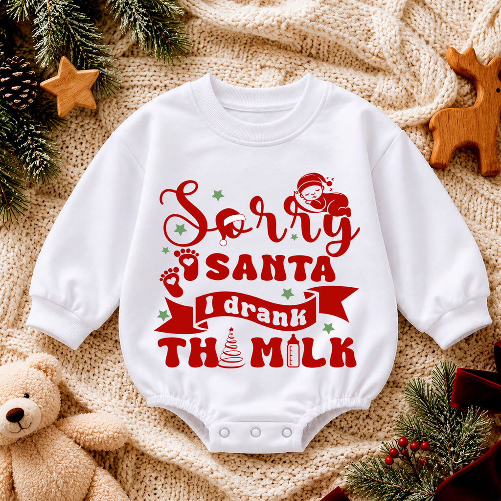 Funny Santa Baby Romper, Sorry Santa I Drank the Milk Christmas Outfit, Holiday Quote Romper, Toddler 1st Christmas Gift — product view 4