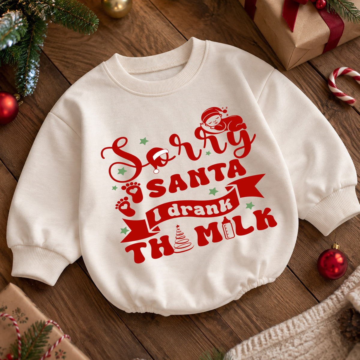 Funny Santa Baby Romper, Sorry Santa I Drank the Milk Christmas Outfit, Holiday Quote Romper, Toddler 1st Christmas Gift — product view 5