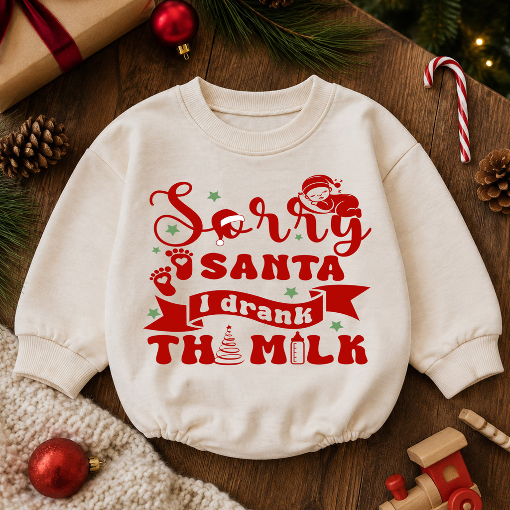 Funny Santa Baby Romper, Sorry Santa I Drank the Milk Christmas Outfit, Holiday Quote Romper, Toddler 1st Christmas Gift — product view 6