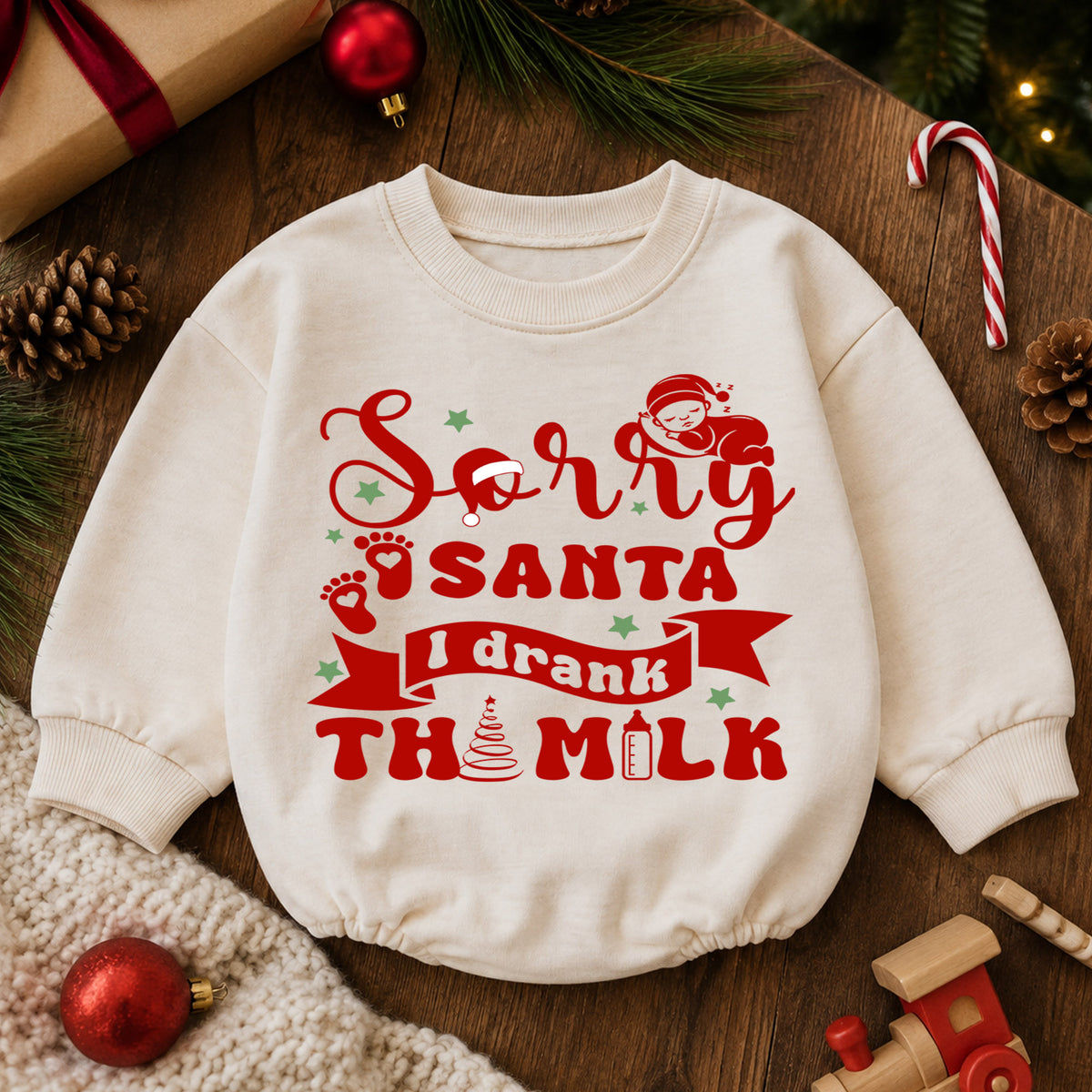 Funny Santa Baby Romper, Sorry Santa I Drank the Milk Christmas Outfit, Holiday Quote Romper, Toddler 1st Christmas Gift — product view 6