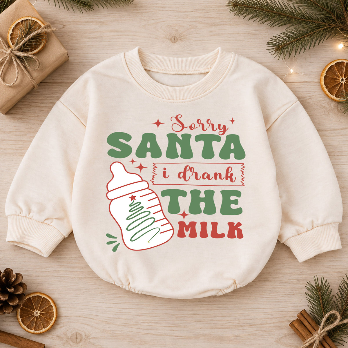 Sorry Santa I Drank the Milk Baby Romper, Funny Christmas Baby Bottle Outfit, Toddler Xmas Romper, Cute 1st Christmas Gift — product view 1