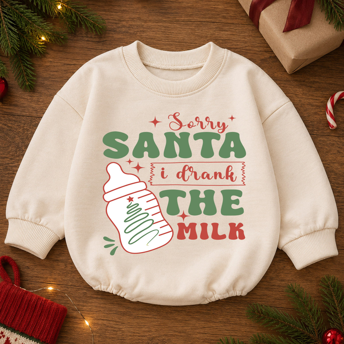 Sorry Santa I Drank the Milk Baby Romper, Funny Christmas Baby Bottle Outfit, Toddler Xmas Romper, Cute 1st Christmas Gift — product view 2