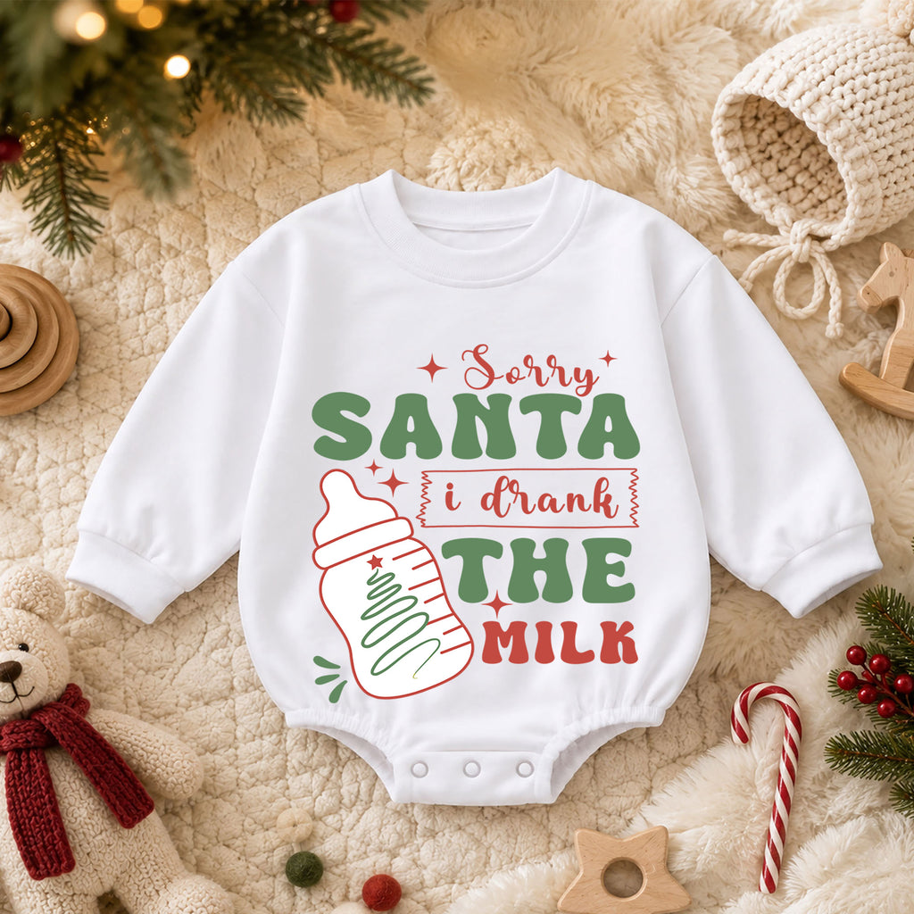 Sorry Santa I Drank the Milk Baby Romper, Funny Christmas Baby Bottle Outfit, Toddler Xmas Romper, Cute 1st Christmas Gift — product view 3