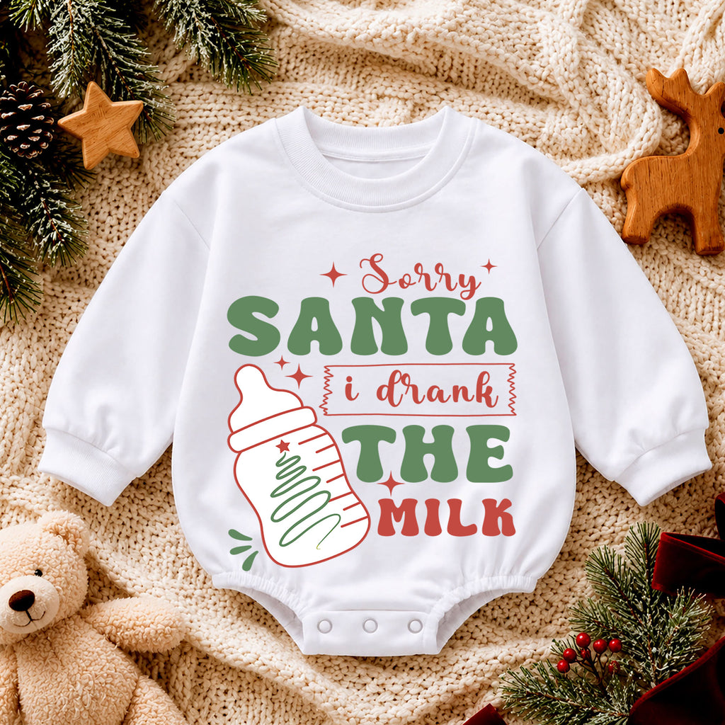 Sorry Santa I Drank the Milk Baby Romper, Funny Christmas Baby Bottle Outfit, Toddler Xmas Romper, Cute 1st Christmas Gift — product view 4