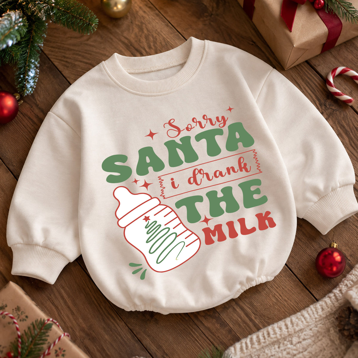 Sorry Santa I Drank the Milk Baby Romper, Funny Christmas Baby Bottle Outfit, Toddler Xmas Romper, Cute 1st Christmas Gift — product view 5
