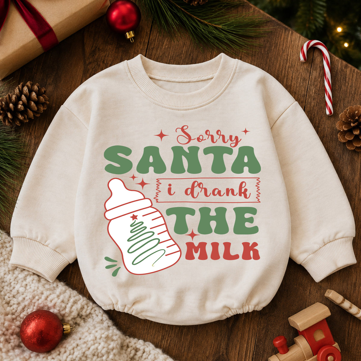 Sorry Santa I Drank the Milk Baby Romper, Funny Christmas Baby Bottle Outfit, Toddler Xmas Romper, Cute 1st Christmas Gift — product view 6