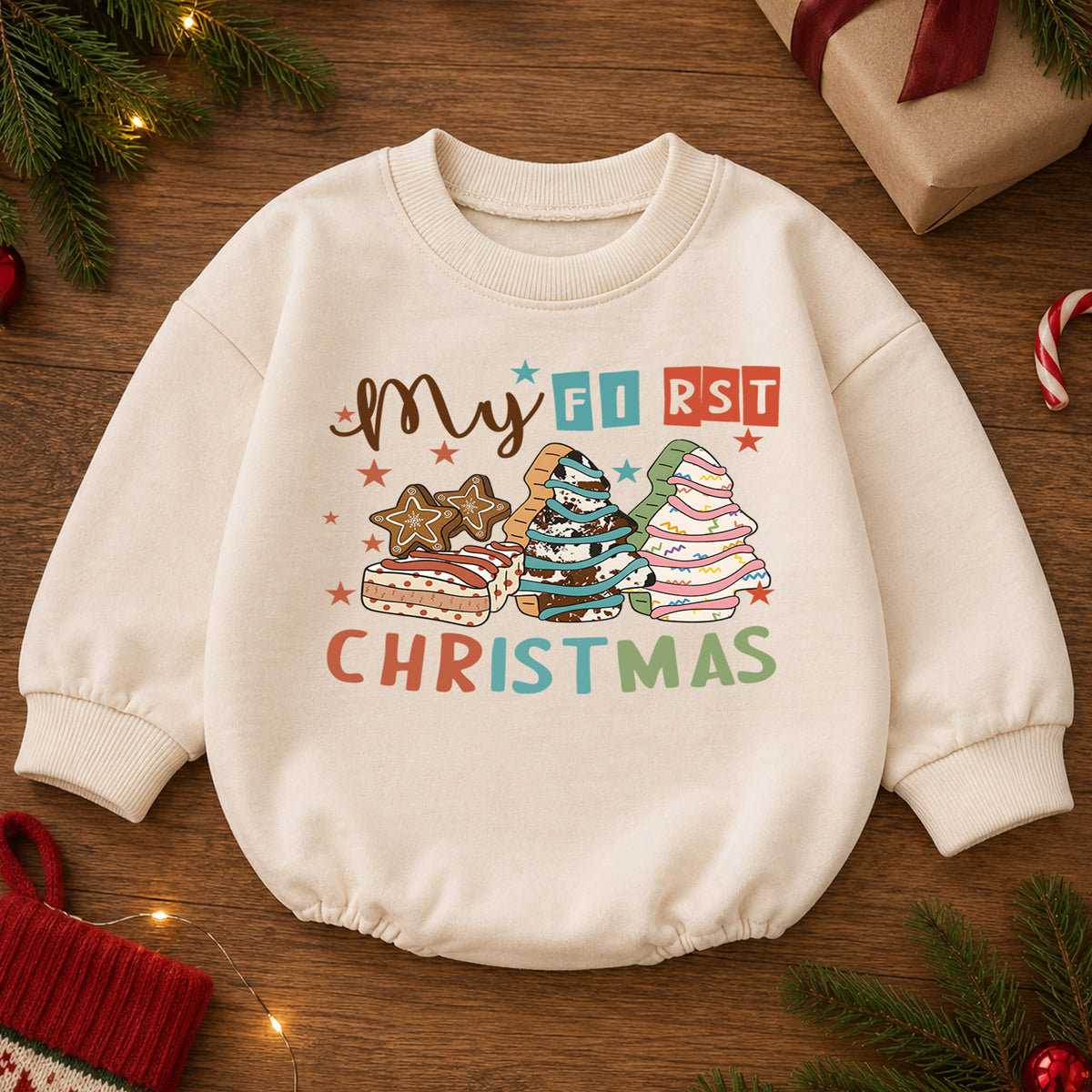 Baby First Christmas Romper, Christmas Cookie Tree Outfit, Retro Holiday Romper, Cute Toddler 1st Christmas Gift for Baby — product view 2
