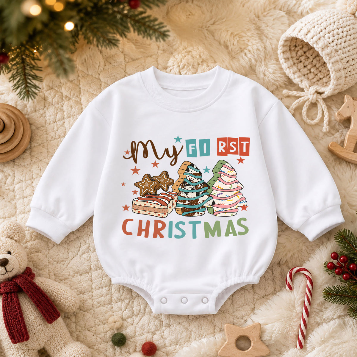 Baby First Christmas Romper, Christmas Cookie Tree Outfit, Retro Holiday Romper, Cute Toddler 1st Christmas Gift for Baby — product view 3