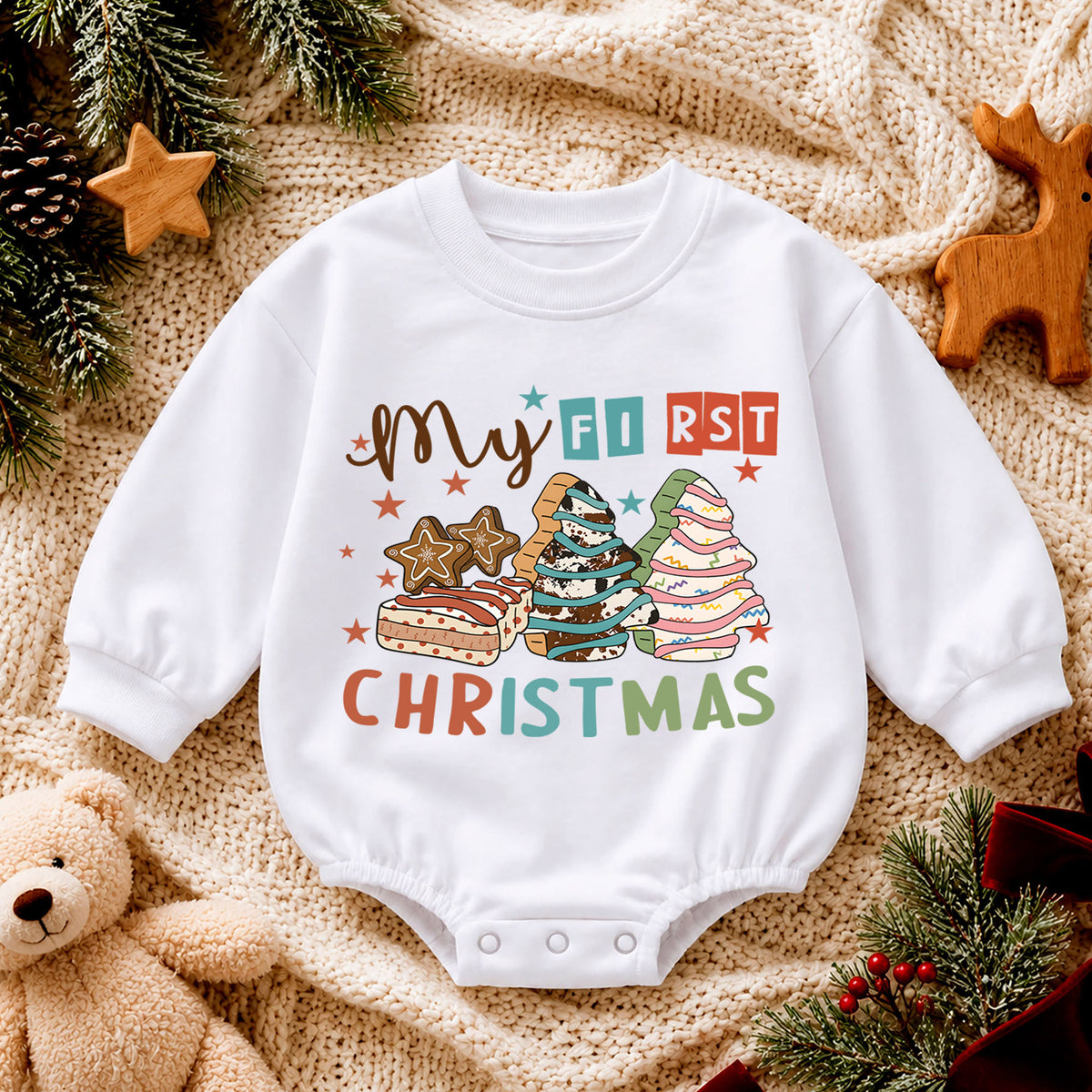 Baby First Christmas Romper, Christmas Cookie Tree Outfit, Retro Holiday Romper, Cute Toddler 1st Christmas Gift for Baby — product view 4