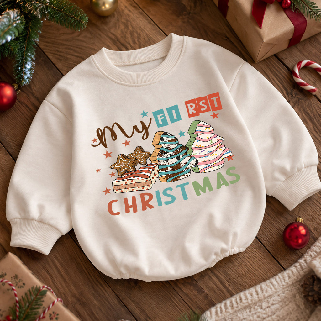 Baby First Christmas Romper, Christmas Cookie Tree Outfit, Retro Holiday Romper, Cute Toddler 1st Christmas Gift for Baby — product view 5