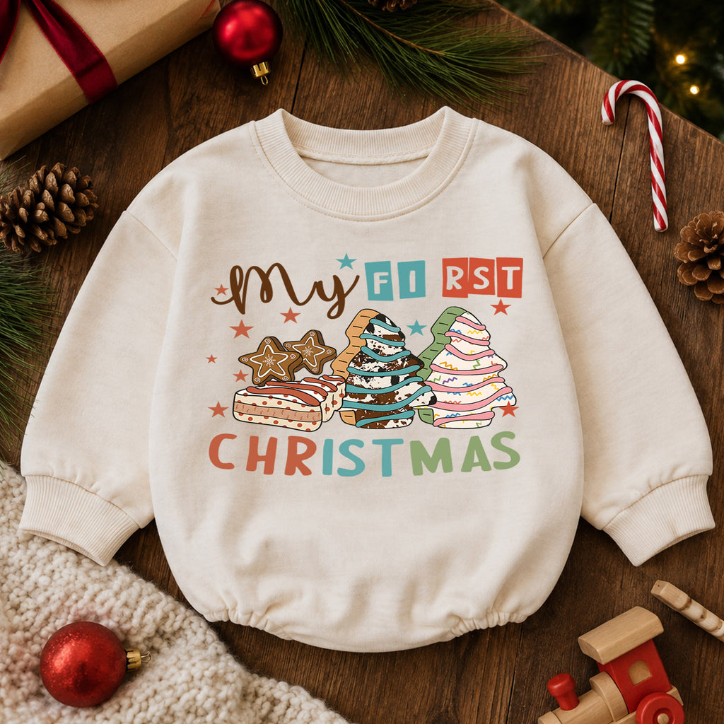 Baby First Christmas Romper, Christmas Cookie Tree Outfit, Retro Holiday Romper, Cute Toddler 1st Christmas Gift for Baby — product view 6