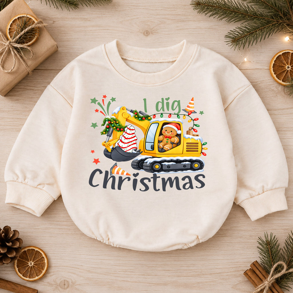 I Dig Christmas Baby Romper, Excavator Gingerbread Holiday Outfit, Construction Toddler Romper, Cute 1st Christmas Gift for Baby — product view 1