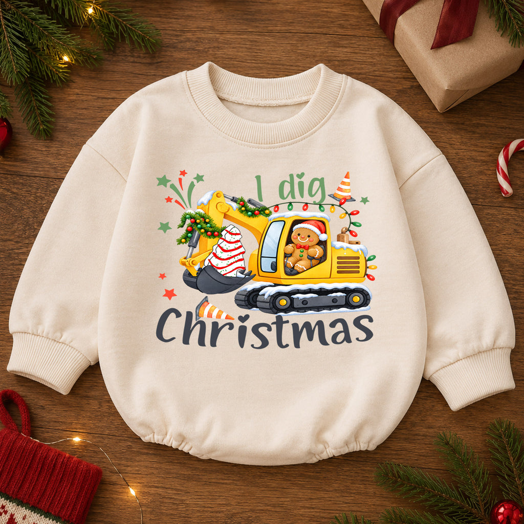 I Dig Christmas Baby Romper, Excavator Gingerbread Holiday Outfit, Construction Toddler Romper, Cute 1st Christmas Gift for Baby — product view 2