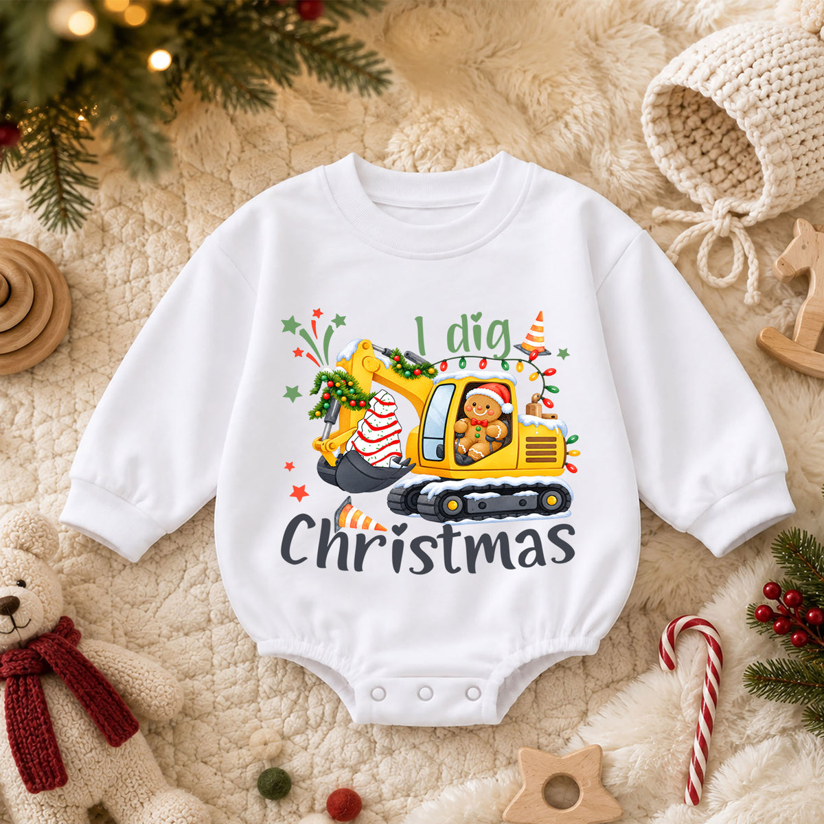 I Dig Christmas Baby Romper, Excavator Gingerbread Holiday Outfit, Construction Toddler Romper, Cute 1st Christmas Gift for Baby — product view 3