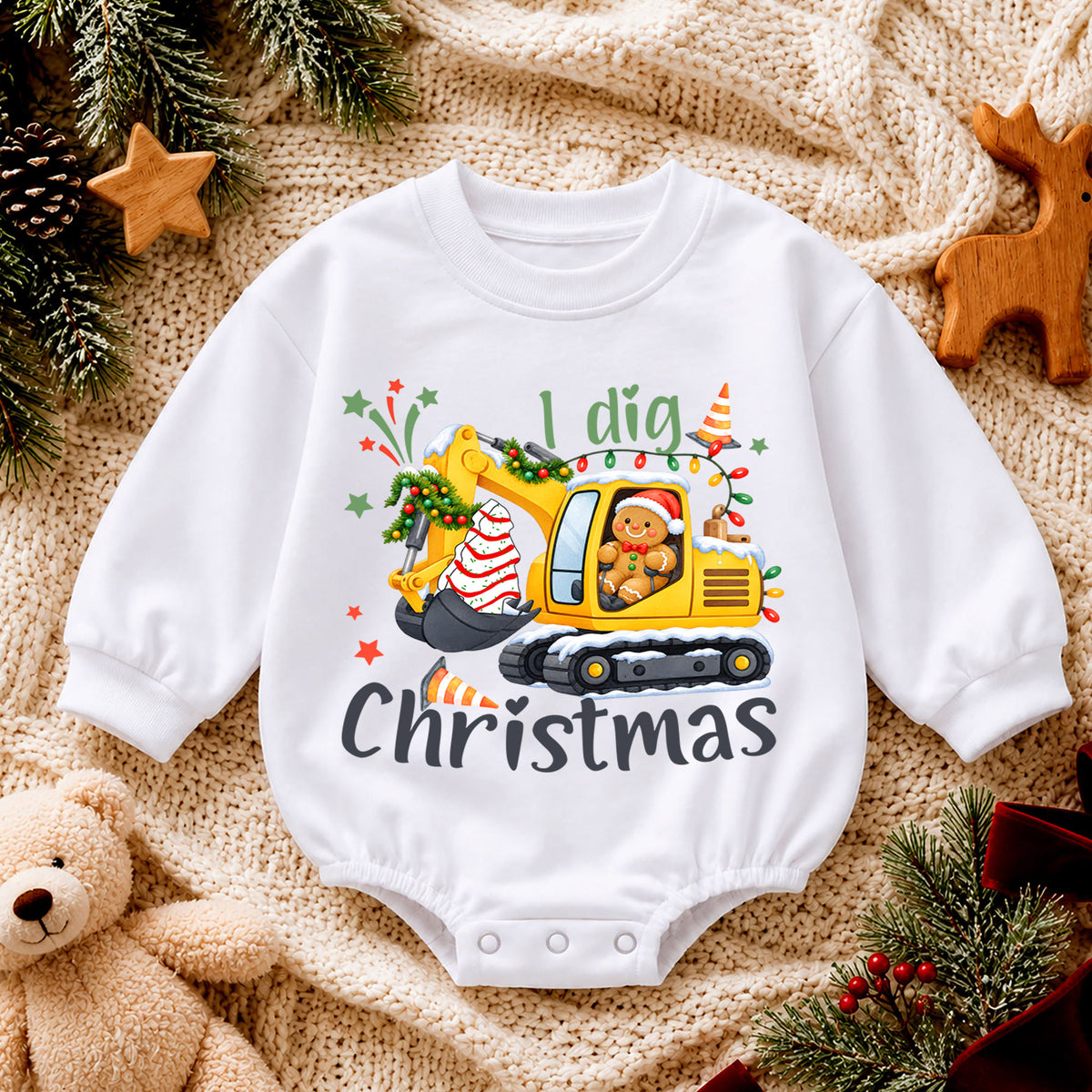 I Dig Christmas Baby Romper, Excavator Gingerbread Holiday Outfit, Construction Toddler Romper, Cute 1st Christmas Gift for Baby — product view 4