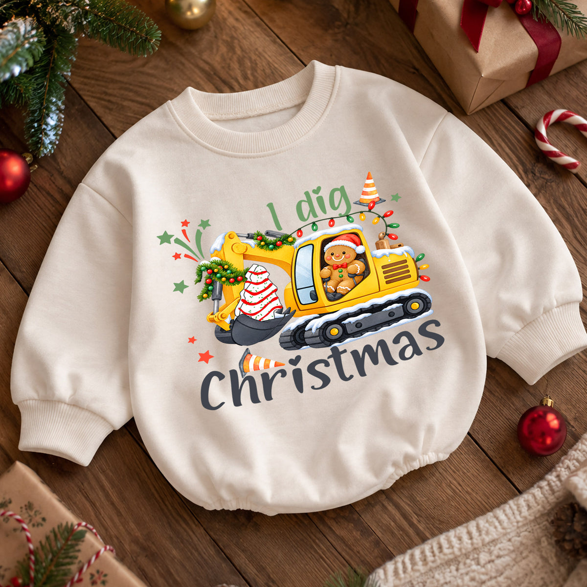 I Dig Christmas Baby Romper, Excavator Gingerbread Holiday Outfit, Construction Toddler Romper, Cute 1st Christmas Gift for Baby — product view 5