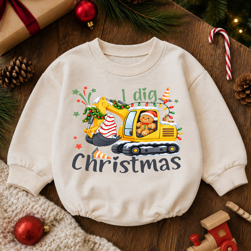 I Dig Christmas Baby Romper, Excavator Gingerbread Holiday Outfit, Construction Toddler Romper, Cute 1st Christmas Gift for Baby — product view 6