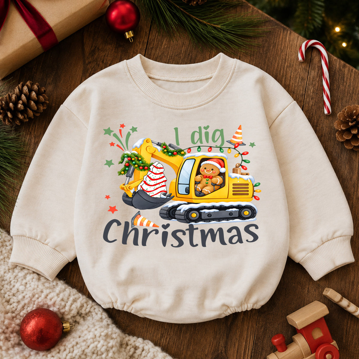 I Dig Christmas Baby Romper, Excavator Gingerbread Holiday Outfit, Construction Toddler Romper, Cute 1st Christmas Gift for Baby — product view 6