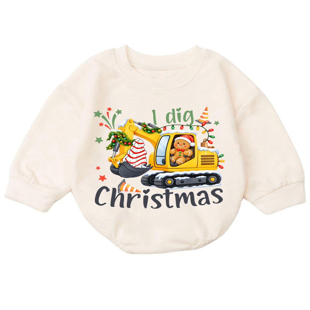 I Dig Christmas Baby Romper, Excavator Gingerbread Holiday Outfit, Construction Toddler Romper, Cute 1st Christmas Gift for Baby — product view 7