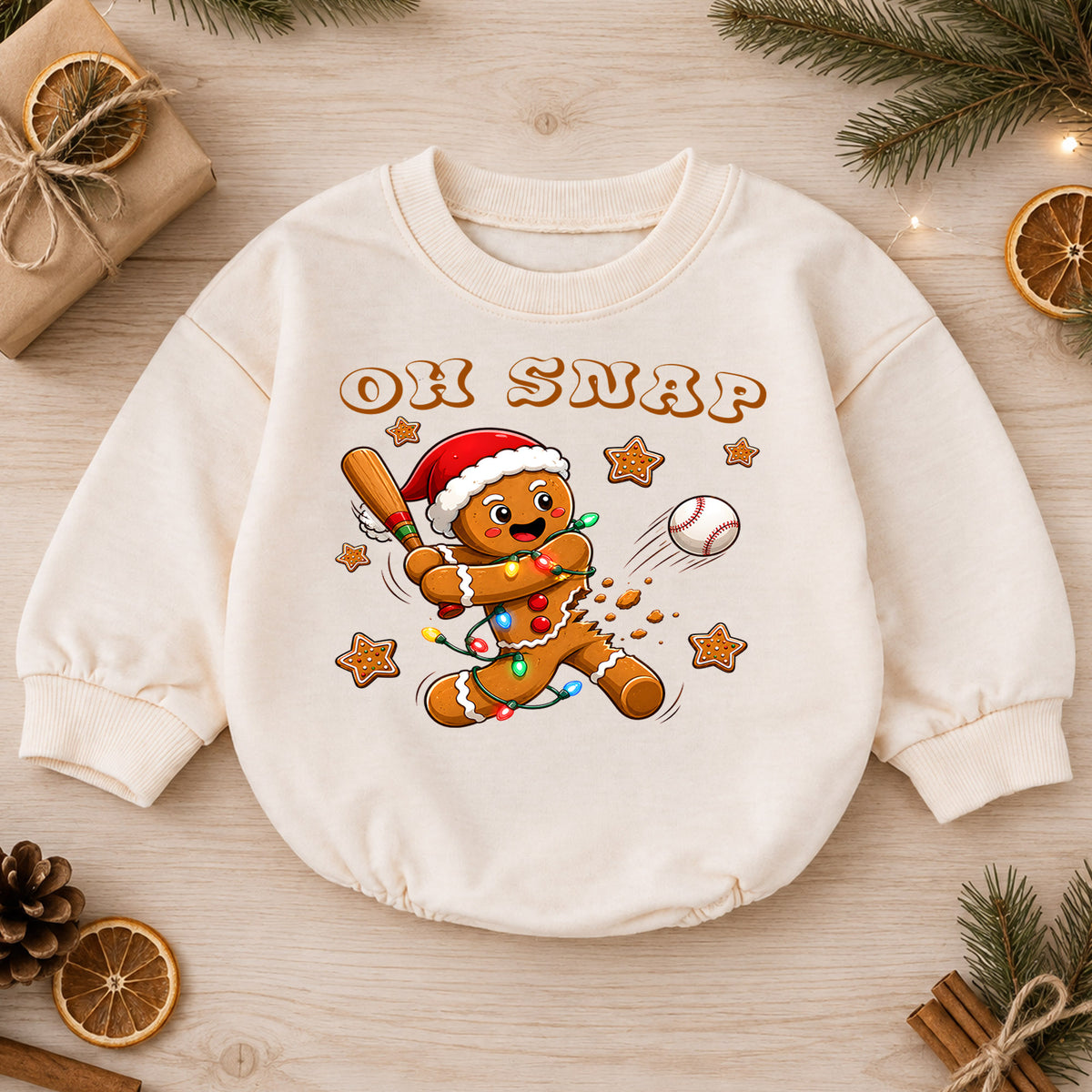 Oh Snap Baseball Christmas Baby Romper, Gingerbread Baseball Baby Romper, Toddler Sports Holiday Outfit, Xmas Gift — product view 1