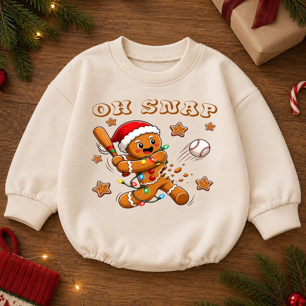 Oh Snap Baseball Christmas Baby Romper, Gingerbread Baseball Baby Romper, Toddler Sports Holiday Outfit, Xmas Gift — product view 2