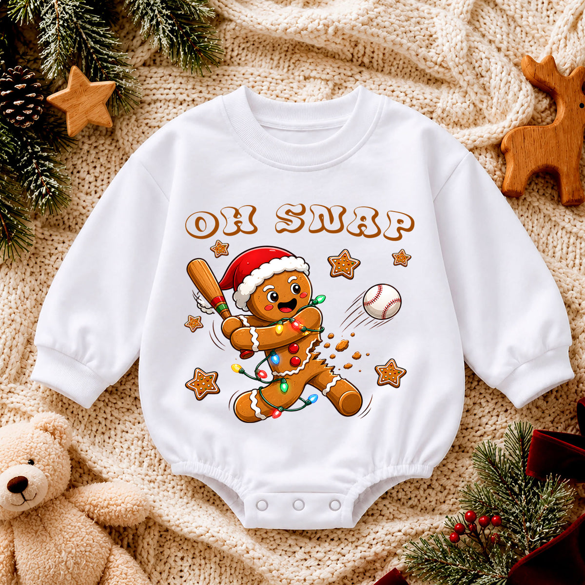 Oh Snap Baseball Christmas Baby Romper, Gingerbread Baseball Baby Romper, Toddler Sports Holiday Outfit, Xmas Gift — product view 4