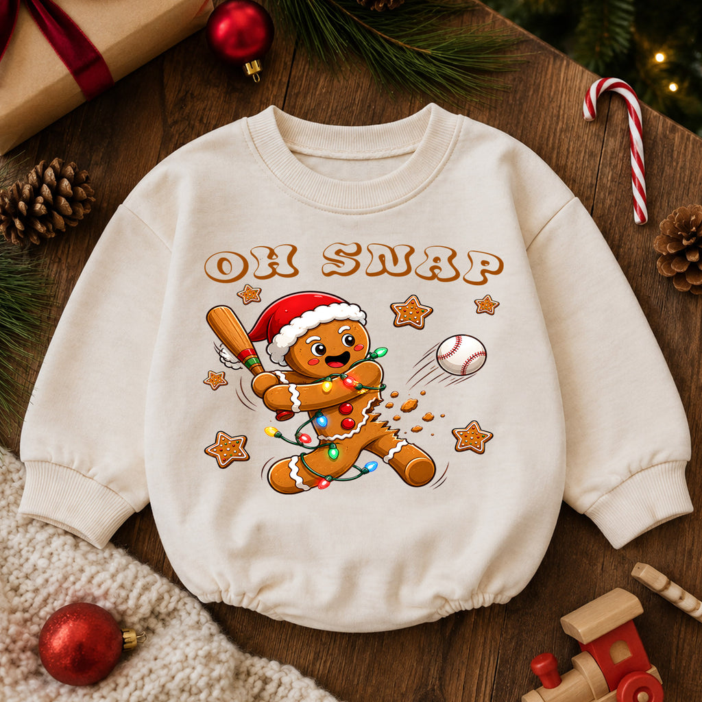 Oh Snap Baseball Christmas Baby Romper, Gingerbread Baseball Baby Romper, Toddler Sports Holiday Outfit, Xmas Gift — product view 6