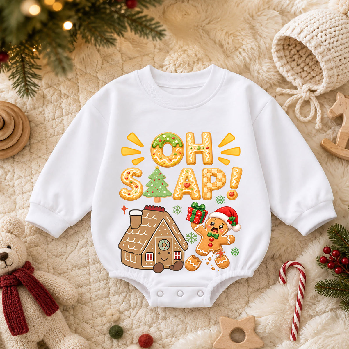 Oh Snap Gingerbread Christmas Baby Romper, Cute Gingerbread House Baby Romper, Toddler Holiday Outfit, Christmas Gift — product view 3