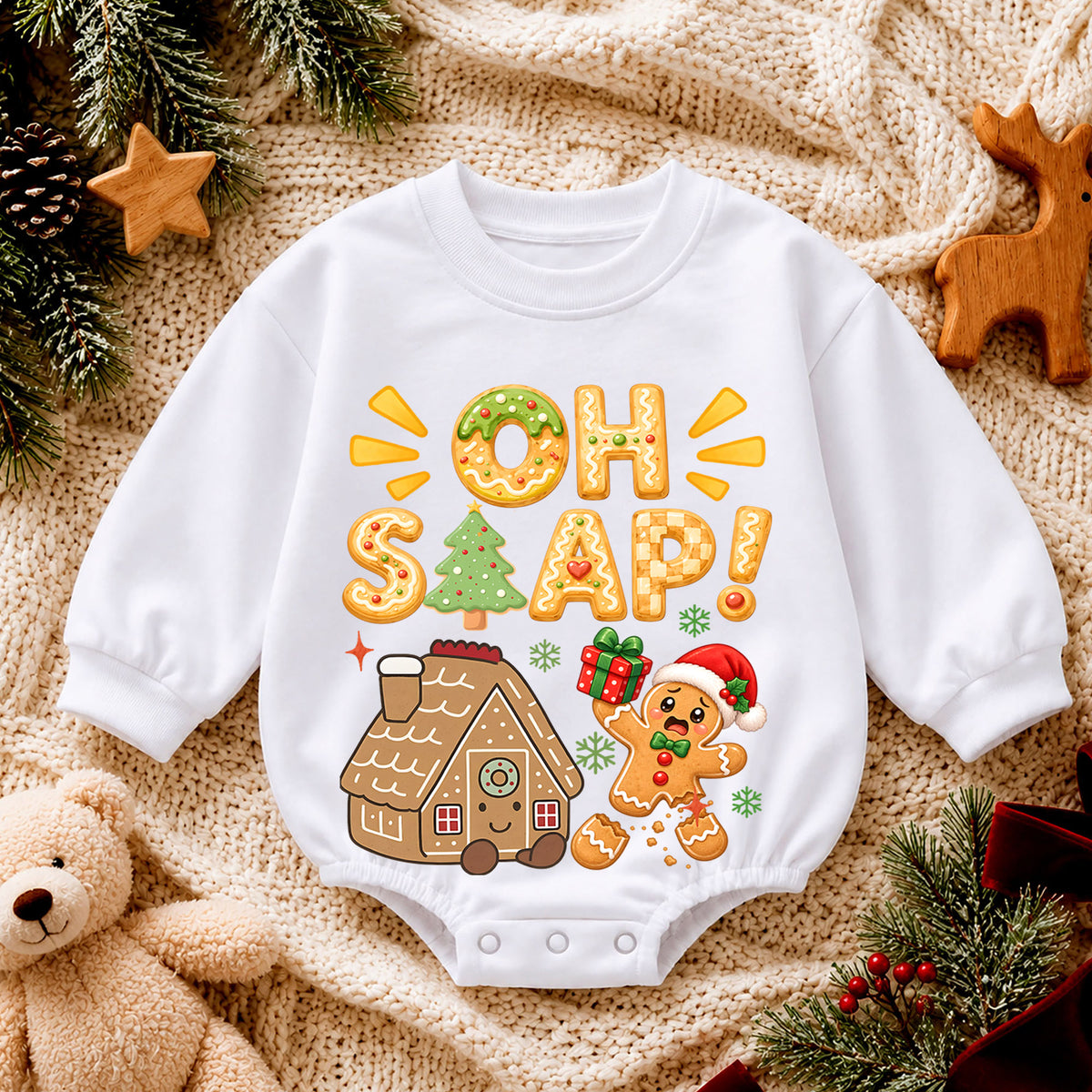 Oh Snap Gingerbread Christmas Baby Romper, Cute Gingerbread House Baby Romper, Toddler Holiday Outfit, Christmas Gift — product view 4