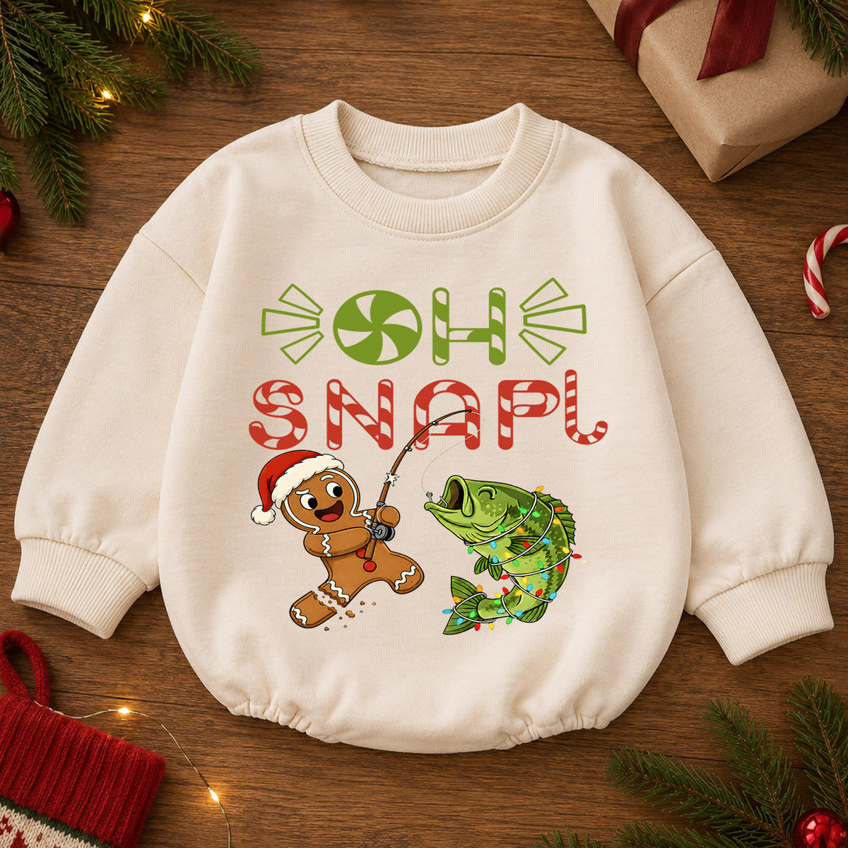 Oh Snap Fishing Christmas Baby Romper, Gingerbread Fisher Baby Romper, Toddler Fishing Holiday Outfit, Xmas Gift — product view 2