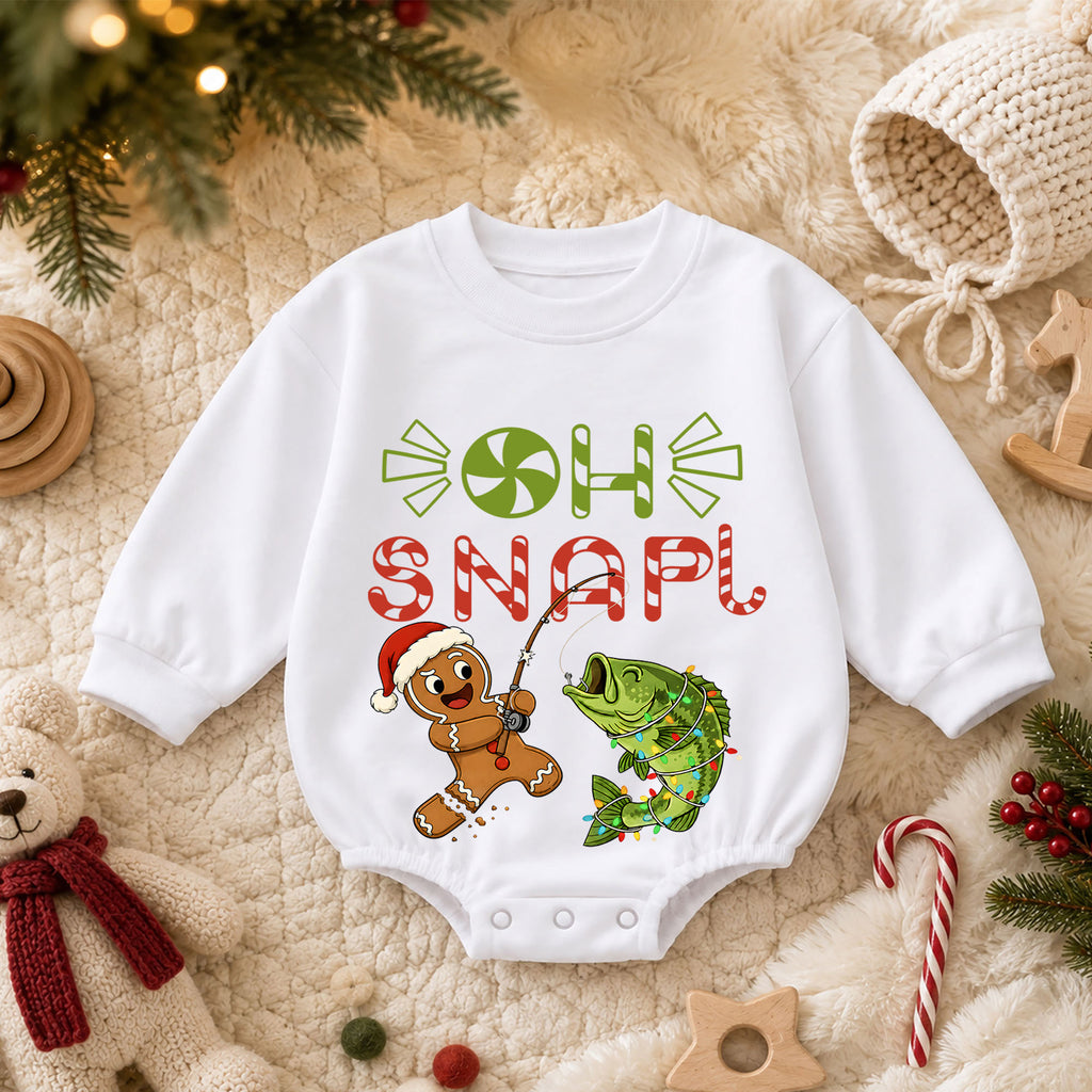 Oh Snap Fishing Christmas Baby Romper, Gingerbread Fisher Baby Romper, Toddler Fishing Holiday Outfit, Xmas Gift — product view 3