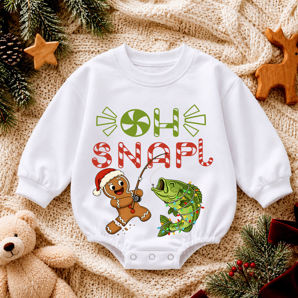 Oh Snap Fishing Christmas Baby Romper, Gingerbread Fisher Baby Romper, Toddler Fishing Holiday Outfit, Xmas Gift — product view 4
