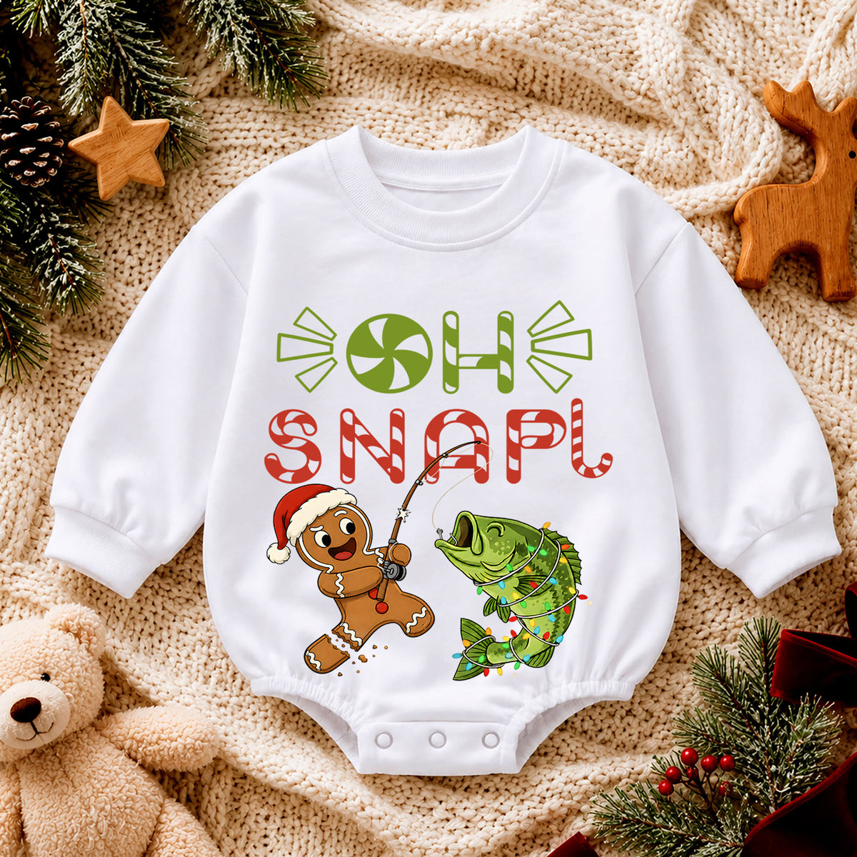 Oh Snap Fishing Christmas Baby Romper, Gingerbread Fisher Baby Romper, Toddler Fishing Holiday Outfit, Xmas Gift — product view 4